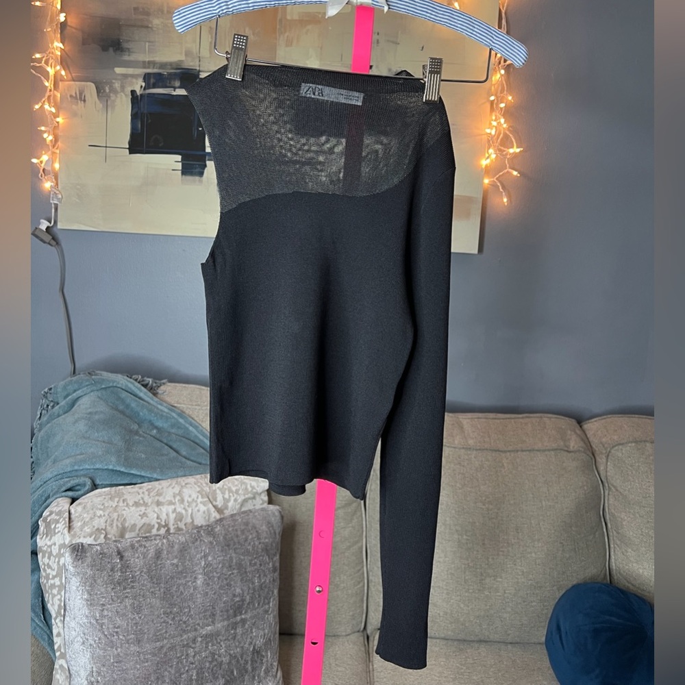 Zara Black One Shoulder Sheer Panel Knit Top | Asymmetrical | Size M - Picture 2 of 5